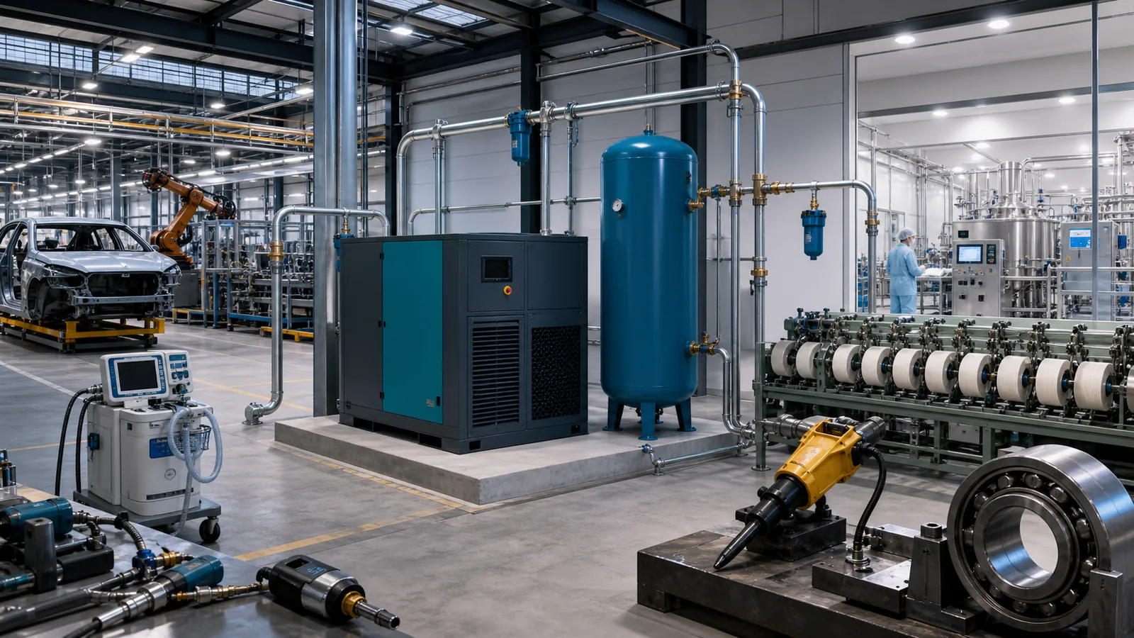 Central compressed air system supporting automotive, pharmaceutical, textile, medical and engineering applications